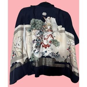 Vintage Silk Japanese Kimono Haori Jacket Traditional Samurai Warrior Design